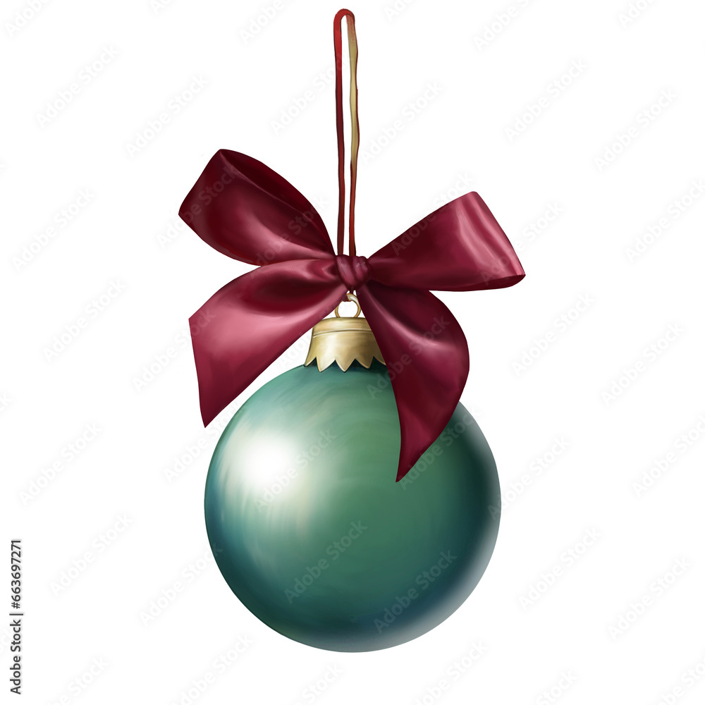 Green Christmas ball with red bow, isolated on white background. Holiday illustration for design. Green Christmas ball with red bow, isolated on white background. Holiday illustration for design.