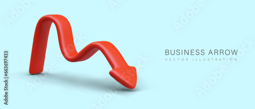 3d realistic business arrow. Business rise and fall concept. Concept of sales symbol with red arrow moving down. Poster with place for text. Vector illustration