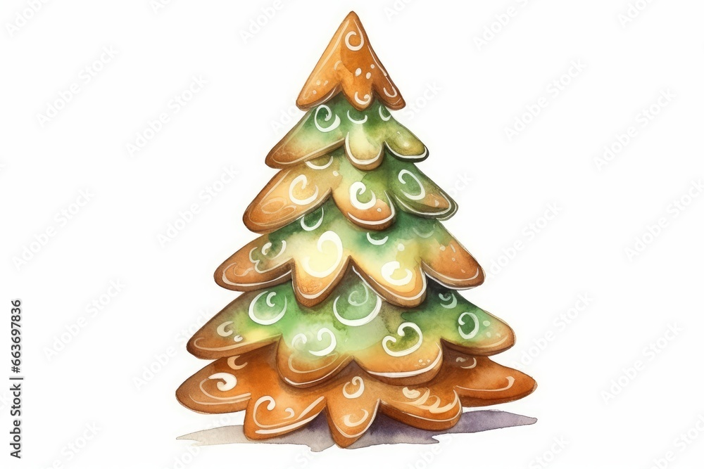 Watercolor Gingerbread Christmas Tree Cookie, single, cartoon style, on white. AI generated
