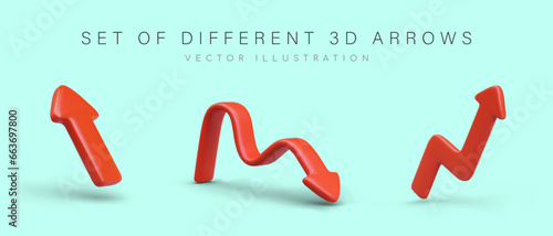 Set of 3 red arrows of different types. Straight, broken, wavy pointers in plasticine style. Isolated vector image. Direction sign, click hint. Modern web design