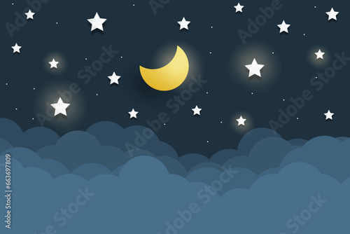 moon and stars in midnight .paper art style,  Dreamy background with moon stars and clouds, Half moon, stars and clouds on the dark night