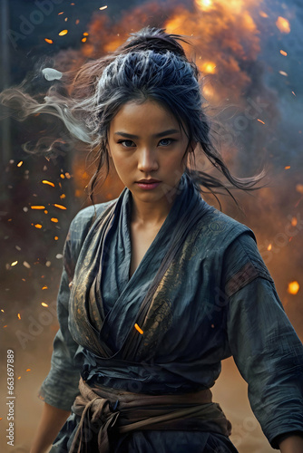 Medieval Young Asian Female Warrior in the Midst of Chaos 001 Generative AI