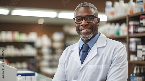 Handsome young male caucasian druggist pharmacist in white medical coat smiling and looking at camera in pharmacy drugstore