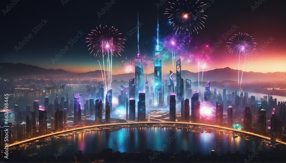 A vibrant, futuristic metropolis at night, with gigantic holographic displays filling the skyline, showcasing vibrant fireworks.