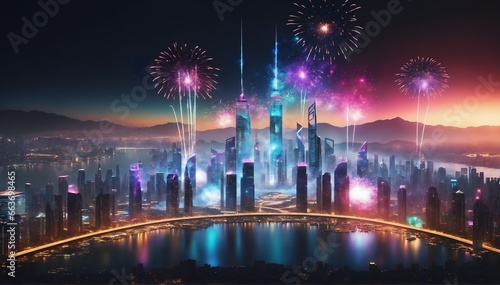 A vibrant, futuristic metropolis at night, with gigantic holographic displays filling the skyline, showcasing vibrant fireworks. © Kai Köpke