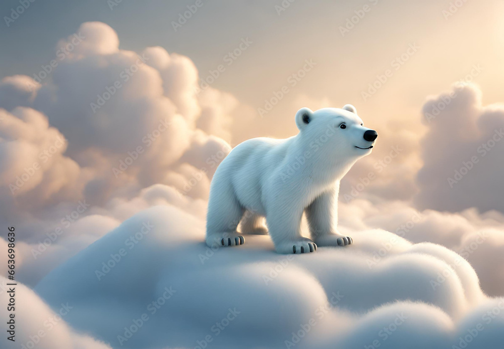 Fototapeta premium Bear on a Heavenly Journey, Sky-High Polar Bear, Whimsical Arctic Daydream