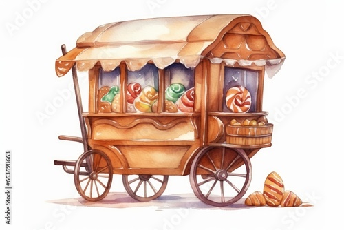 Watercolor Gingerbread Wagon Cookie, single, cartoon style, on white background. AI generated