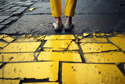 a person walks along the road on the yellow line created with Generative Ai
