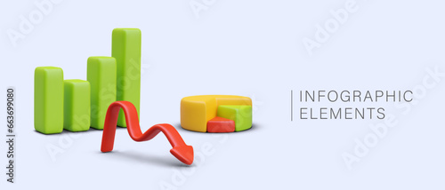 Poster with infographic elements on gray background. Collection of pie diagram, histogram and red arrow. Business strategy concept. Vector illustration in 3d style