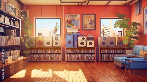 a nostalgic lofi-style record store interior with shelves of vintage vinyl records, a listening station with headphones, and colorful album covers, celebrating the joy of music discovery photo