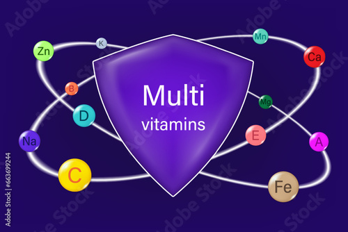 Multivitamins and shields to protect the body and maintain health. Vitamin protection icon concept. Essential vitamin vector.