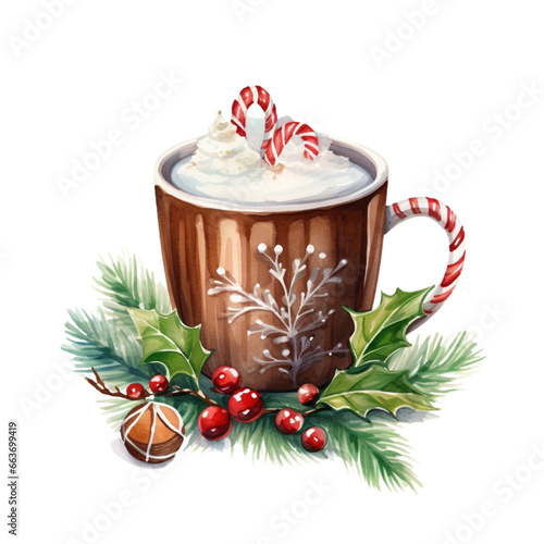 Watercolor winter cup, mug with drink cream and spices. Cocoa, coffee, cute winter hot drink with decorative elements, fir tree, mistletoe, cones, berries, needles. Christmas cup with coffee. 