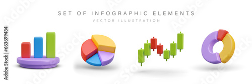 Set of realistic infographic elements in different style. Histogram, pie chart and round diagram in green, yellow and purple colors. Vector illustration in 3d style