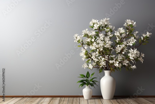 White flowers in vase on grey wall background