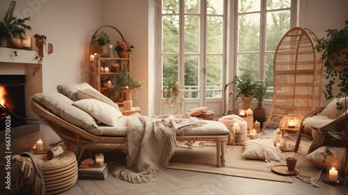 Photographie A Boho living room with a beige chaise longue stunning