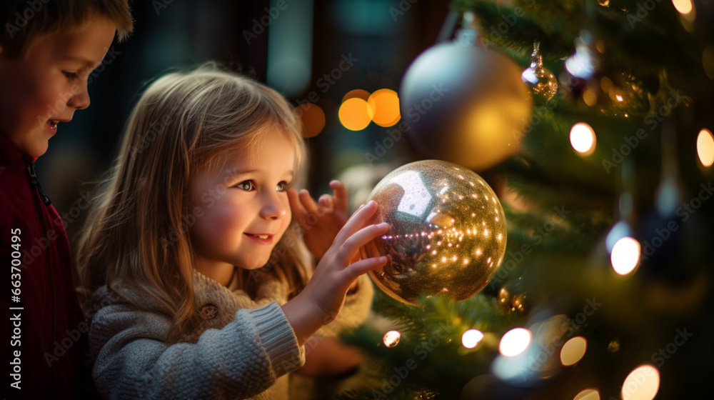 Naklejka premium As the children gathered around, they shared a magical moment adorning the Christmas tree with the jumbo ornament , generated by IA