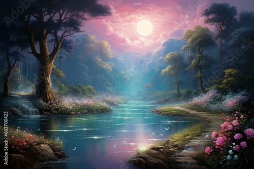 Enchanted lake forest with pink rose garden, butterflies, blue background, and moon ray. Generative AI © Kato