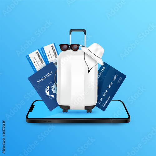 Passport air ticket credit card on smartphone. Luggage bag in front. For media tourism ads design. Special privileges buy pay transfer money locally abroad. Travel transport concept. 3D Vector EPS10.