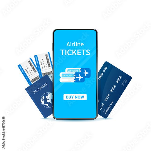 Passport air ticket and credit card smartphone in front. Book plane tickets by phone. Special privileges buy pay transfer money locally abroad. Travel transport concept. 3D Vector EPS10.