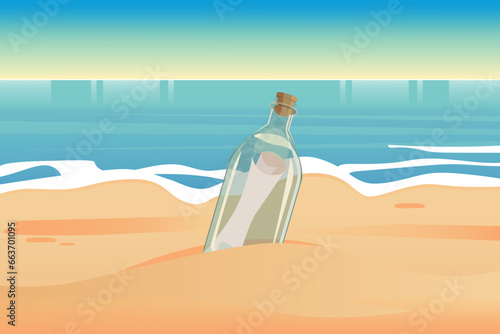 Message in the bottle stranded on the sand, vector illustration
