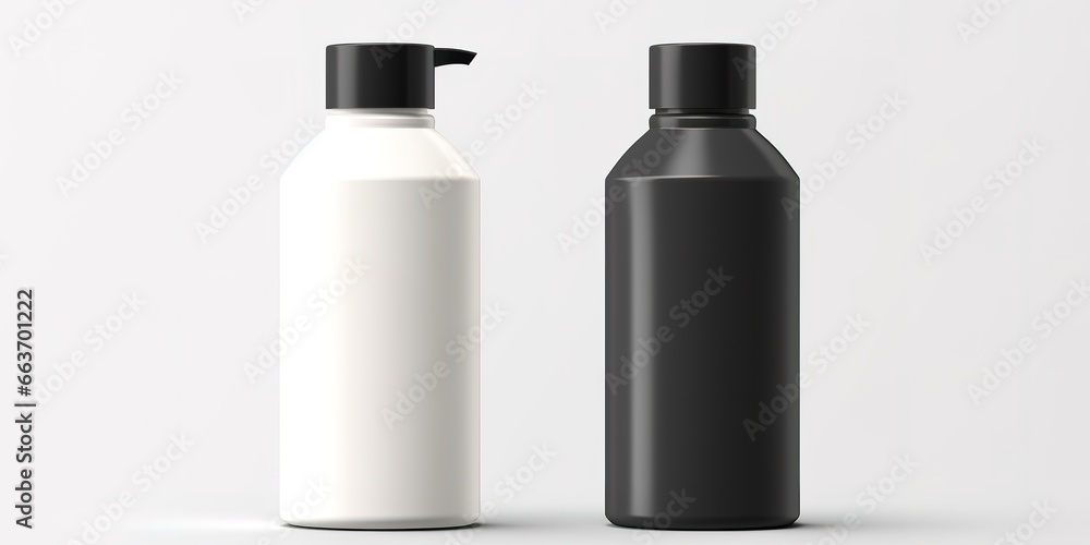 Realistic white and black bottles with batcher pump, for gel, soap, body wash, lotion, shampoo, on white background. Template mockup - 3d rendering Realistic white and black bottles with batcher pump, for gel, soap, body wash, lotion, shampoo, on white background. Template mockup - 3d rendering