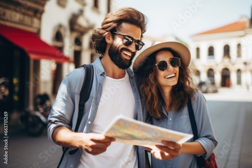 Joyful 30 - year - old aged couple, a man and woman looking for direction in the city, they are holding a map. Fun, friends, travel and tourism concept. photo