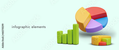 Infographic vector elements. Realistic pie chart with sectors of different color and height, bar chart. Illustrations in cartoon style. Bright statistics