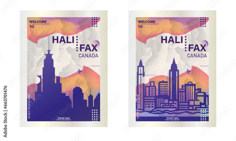 Canada Halifax city poster pack with abstract skyline, cityscape, landmarks and attractions. Nova Scotia province travel vector illustration set for brochure, website, page, business presentation