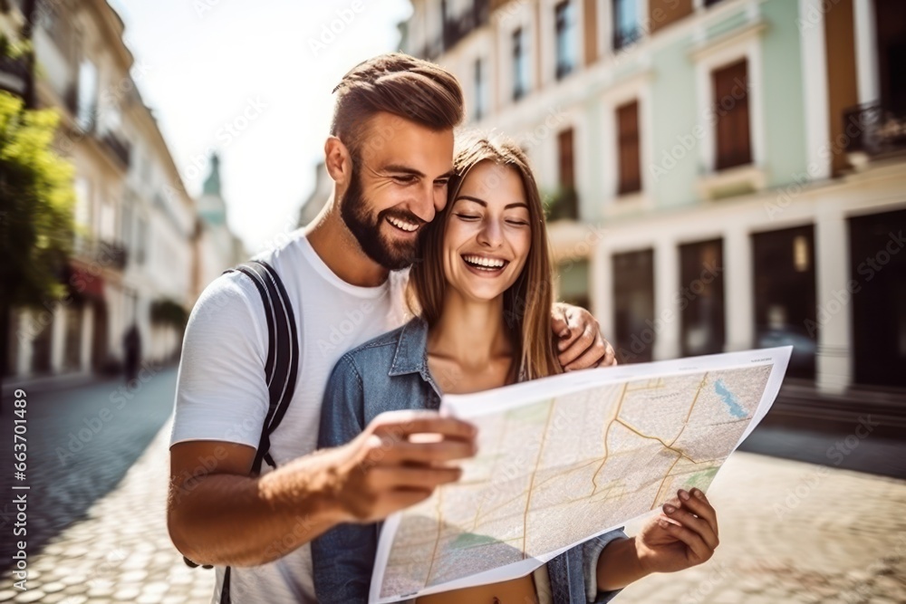 Joyful 30 - year - old aged couple, a man and woman looking for direction in the city, they are holding a map. Fun, friends, travel and tourism concept. - obrazy, fototapety, plakaty 