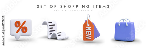 Set of shopping items for store. 3d realistic sign of percent, cash receipt, discount tag and shopping bag. Time to shop. Vector illustration in realistic 3d style