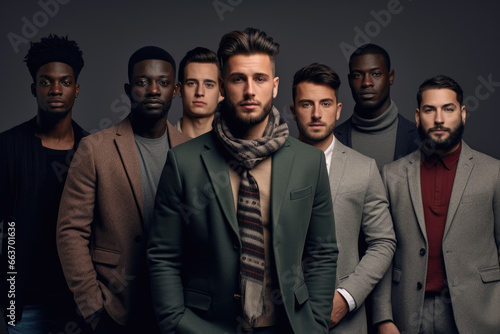 Photograph of several men of different ethnicities dressed elegantly on a gray background. Concept of social equality