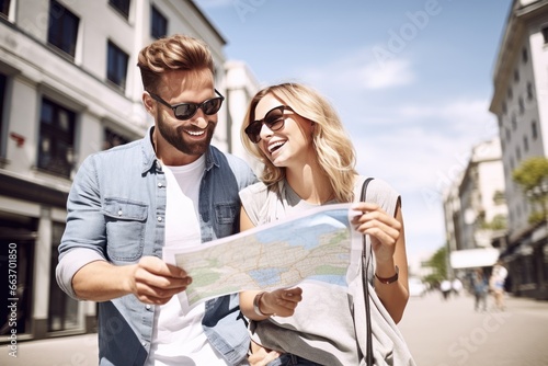 Joyful 30 - year - old aged couple, a man and woman looking for direction in the city, they are holding a map. Fun, friends, travel and tourism concept.