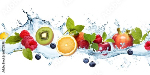 various fresh fruits with water splash isolated white background