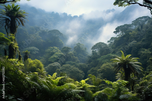 landscape in the fog, mountains and forrest