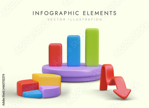 Set of infographic elements. Arrow, pie chart bar graph on podium. Color statistics. Profit, business development. Investment. Visualization of reporting