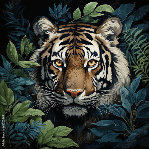 Jungle Majesty: A Tiger's Gaze Amidst Tropical Splendor,Vintage illustration of a tiger and plants