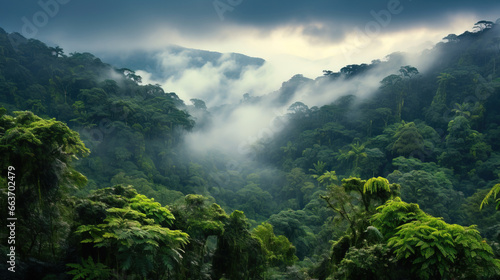 landscape in the fog, mountains and forrest