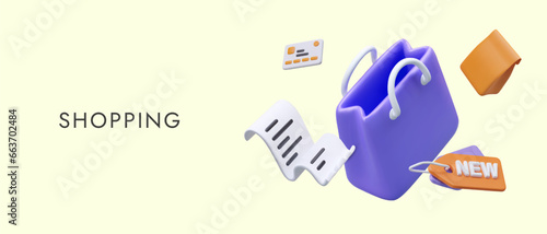 Color vector shopping concept. Purple bag with handles, cash receipt, credit card, discount label, paper bag. Realistic illustration, place for text. Time to shop