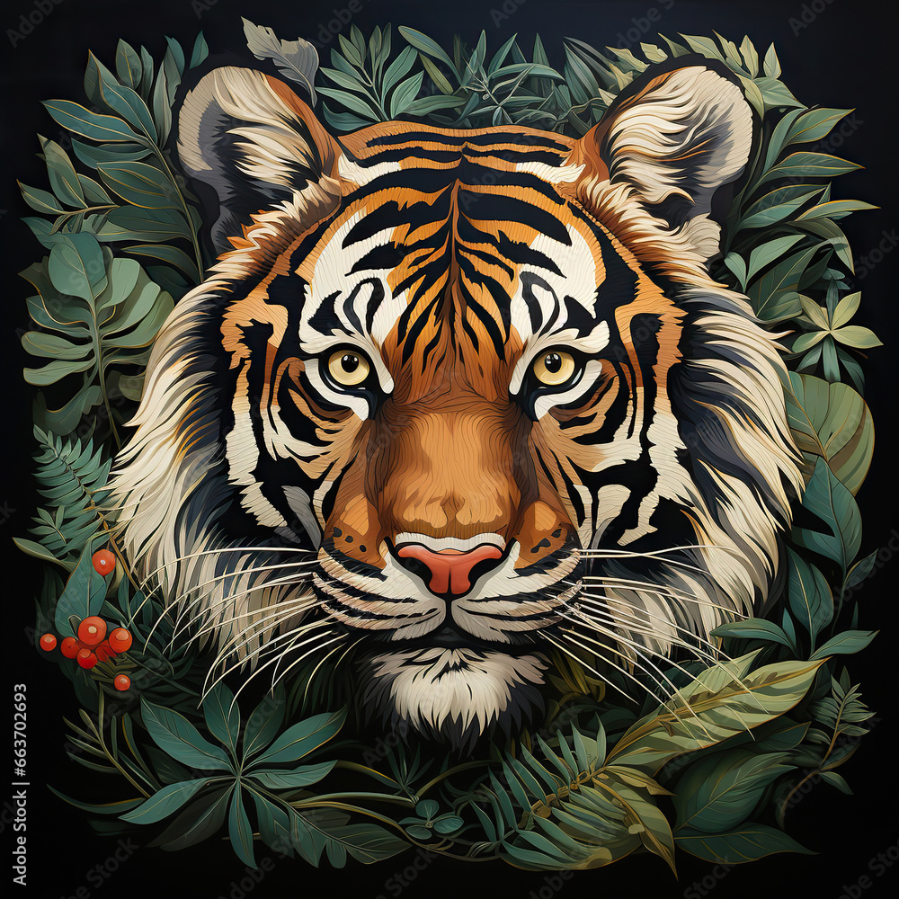 Jungle Majesty: A Tiger's Gaze Amidst Tropical Splendor,Vintage illustration of a tiger and plants Jungle Majesty: A Tiger's Gaze Amidst Tropical Splendor,Vintage illustration of a tiger and plants