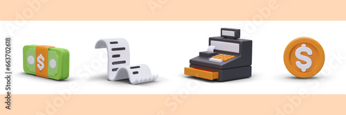 Set of color icons for online store, internet banking. 3D stack of banknotes, paper receipt, cash register, coin with dollar sign. Isolated vector illustration on white background