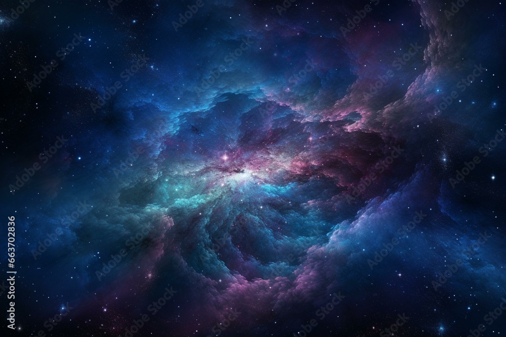 An exquisite 3D visualization of a vibrant and mesmerizing celestial formation, adorned with shades of blue and violet, cosmic stars illuminating the backdrop. Generative AI