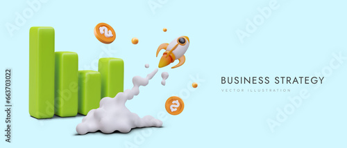 Successful business strategy. Spaceship flies up along growing bar graph, coins fly in all directions. Advertising vector template on colored background. Web design