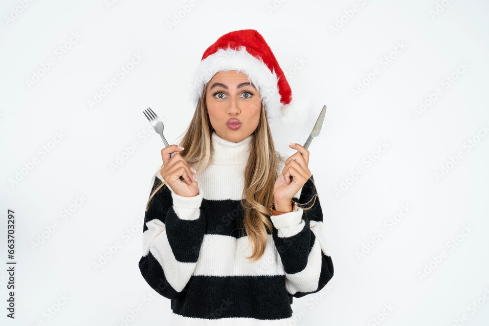 hungry Young beautiful woman holding in hand fork knife want tasty yummy pizza pie