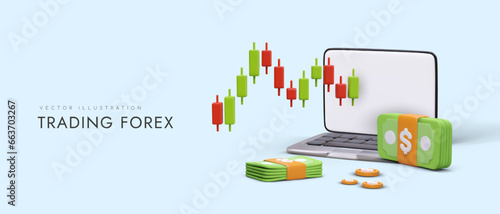 Forex trading. Chart of green and red Japanese candles. 3D illustration with laptop, money, online stock trading. Brokerage services. Advertising of financial site