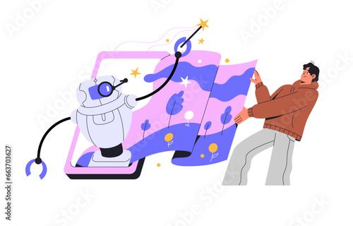 Neural networks concept. AI robot help designer to create art. Computer and illustrator coworking, drawing picture. Machine learning. Automation technology. Flat isolated vector illustration on white