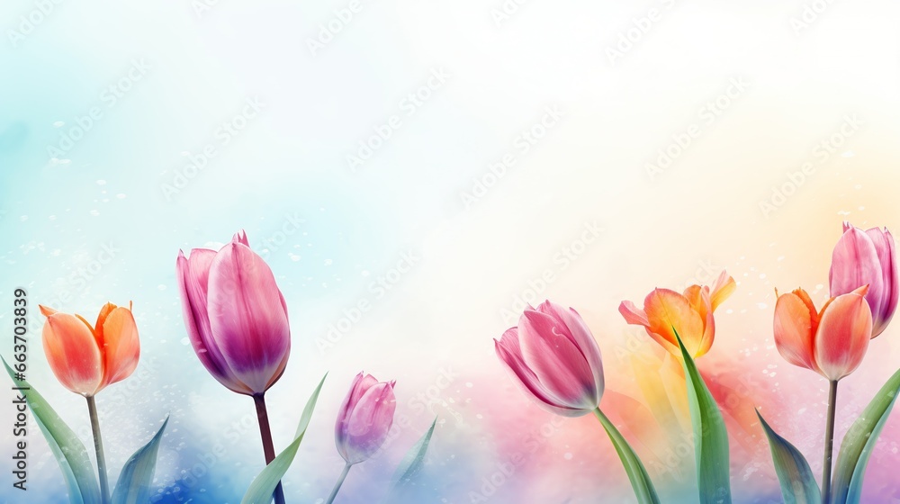 Soft Colorful Watercolor Tulip with Ink Effect on the Minimalist Background, Copy Space

