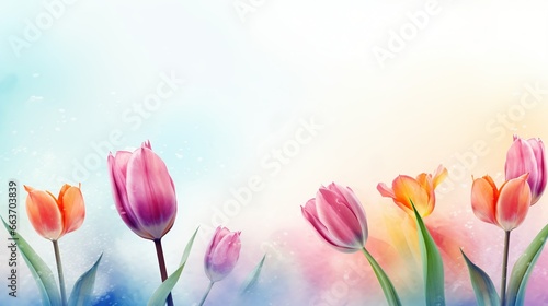 Soft Colorful Watercolor Tulip with Ink Effect on the Minimalist Background, Copy Space 