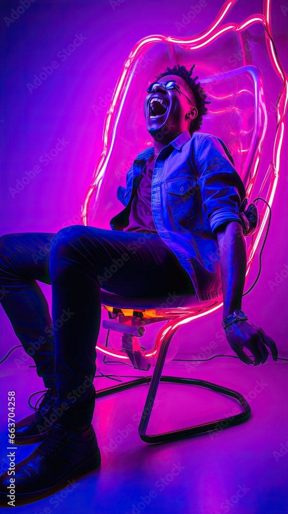 Electric Ecstasy: An image capturing an ecstatic laughing moment, with the model slightly leaning back, against an electric purple backdrop