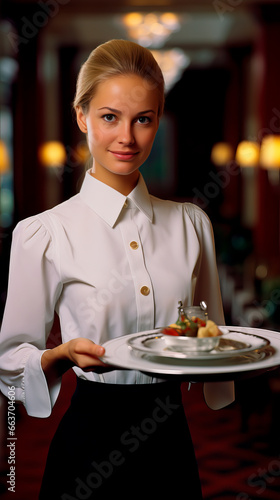 Female Waitress portrait  looking happy and ready to serve the guests in a restaurant or hotel. Concept of a career in the hotel or restaurant business. Shallow field of view with copy space.