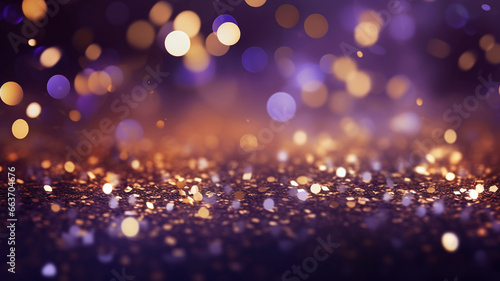 Glistening purple golden particles illuminate a dreamy backdrop of soft bokeh lights, exuding an aura of elegant enchantment and festive serenity.